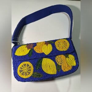 Viral beaded lemon bag Blue and Yellow Beaded Clutch + earrings